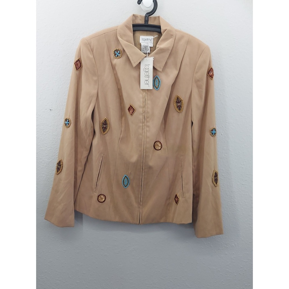 Vtg Together‎ Jacket Women 10 Tan Beaded Geometric Aztec Western Southwest Zip